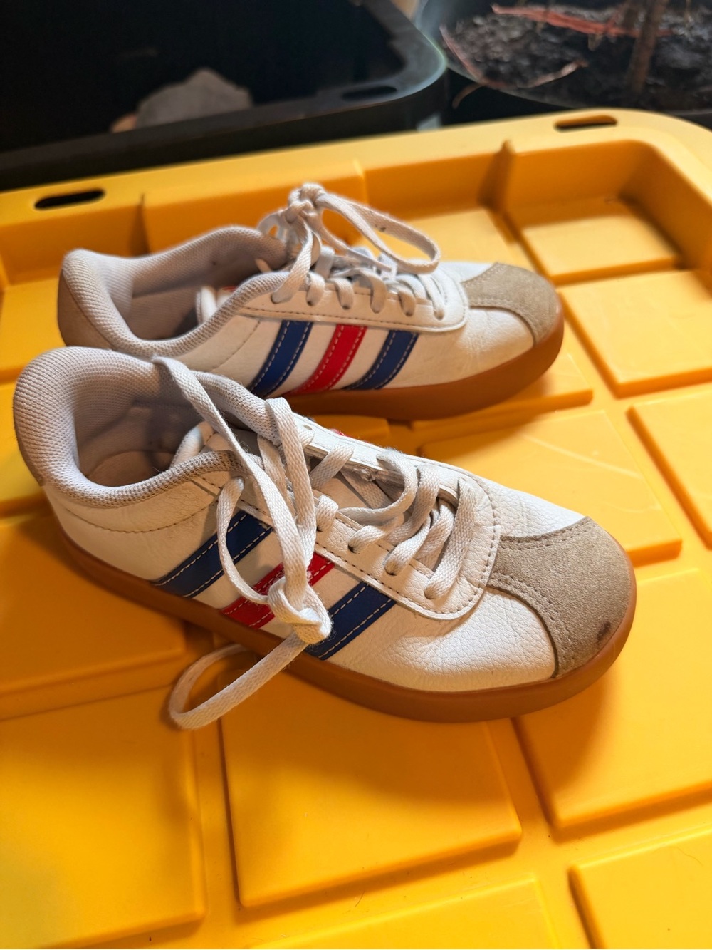 adidas Kids White Sneakers with Blue & Red Stripes